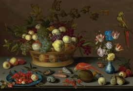 LARGE STILL LIFE WITH FRUIT ON A DELFT PLATE, SEASHELLS, INSECTS, FLOWERS IN A WANLI VASE AND TWO PARROTS by Balthasar van der Ast